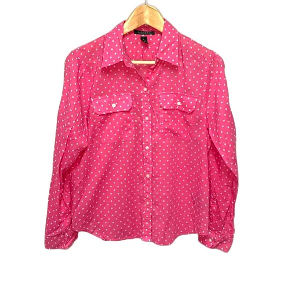 Lauren Ralph Lauren Bright Pink White Dot Cotton Voile LS Button Shirt Size PL - Picture 3 of 10